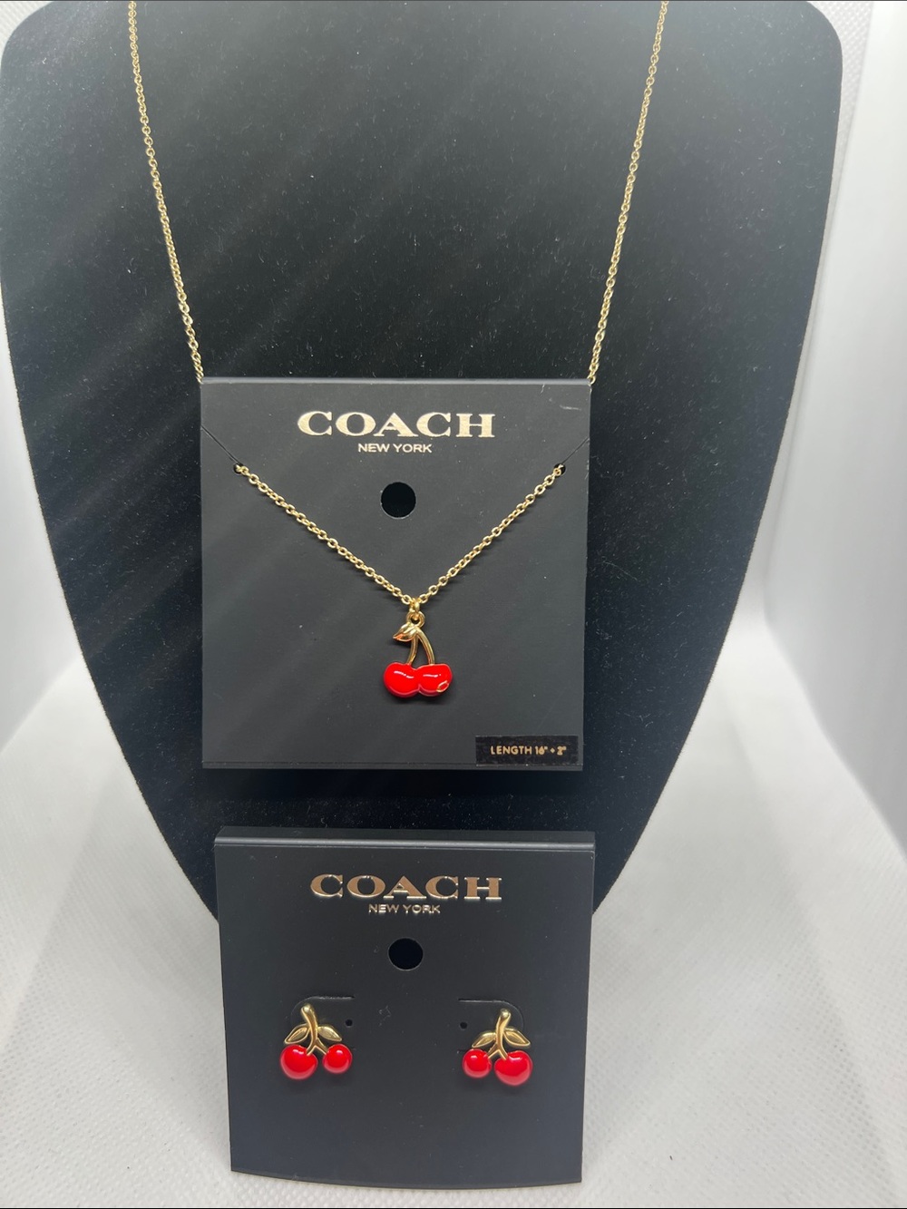 Coach Gold-Tone Cherry Necklace and Stud Earrings with Red Enamel
